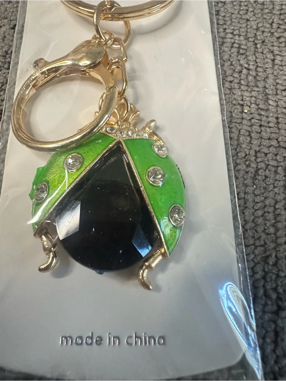 Green and Black Ladybug Keychain Charm with Crystal Accents